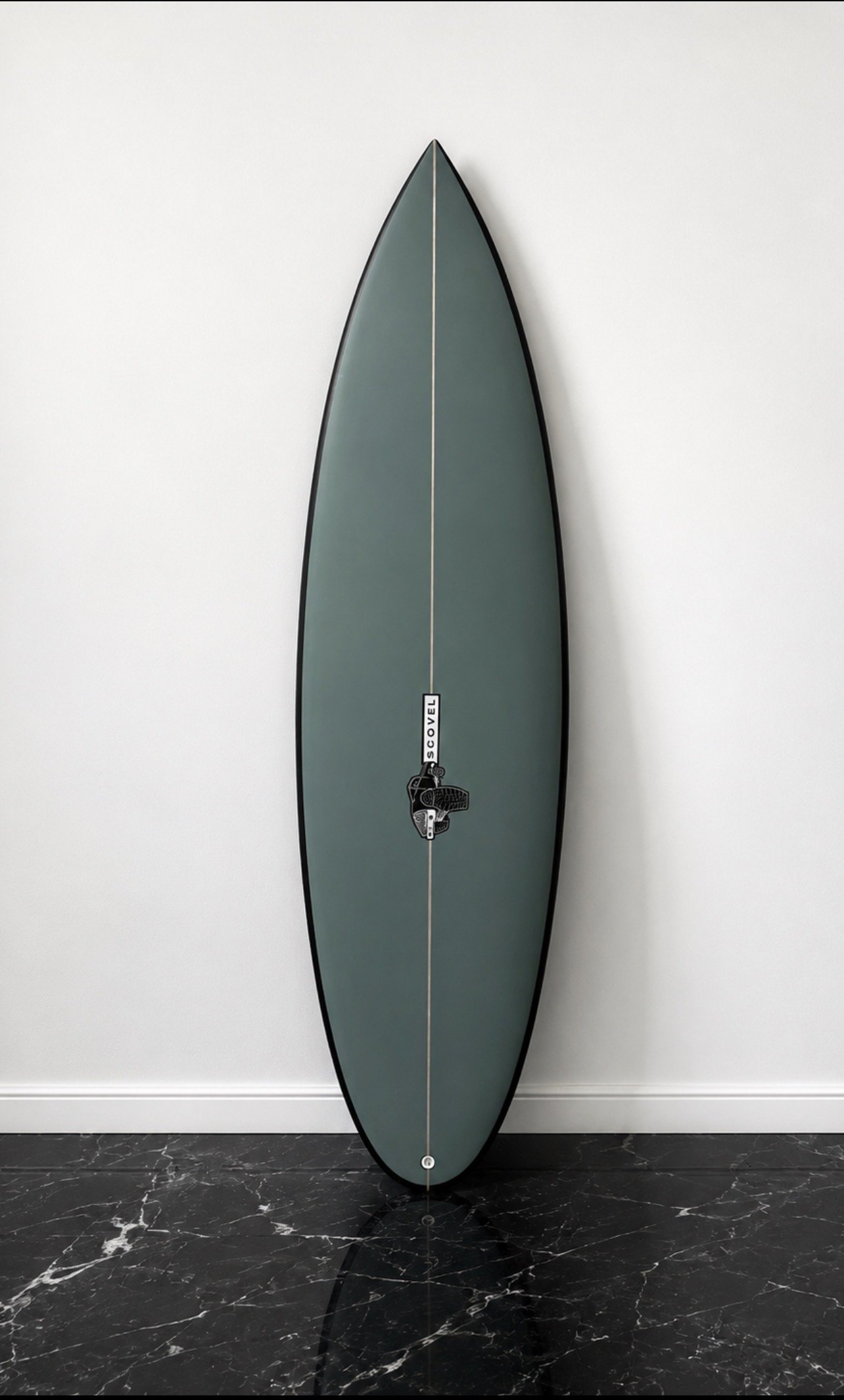 Deep sea-green Scovel shortboard with black rails and a wood stringer