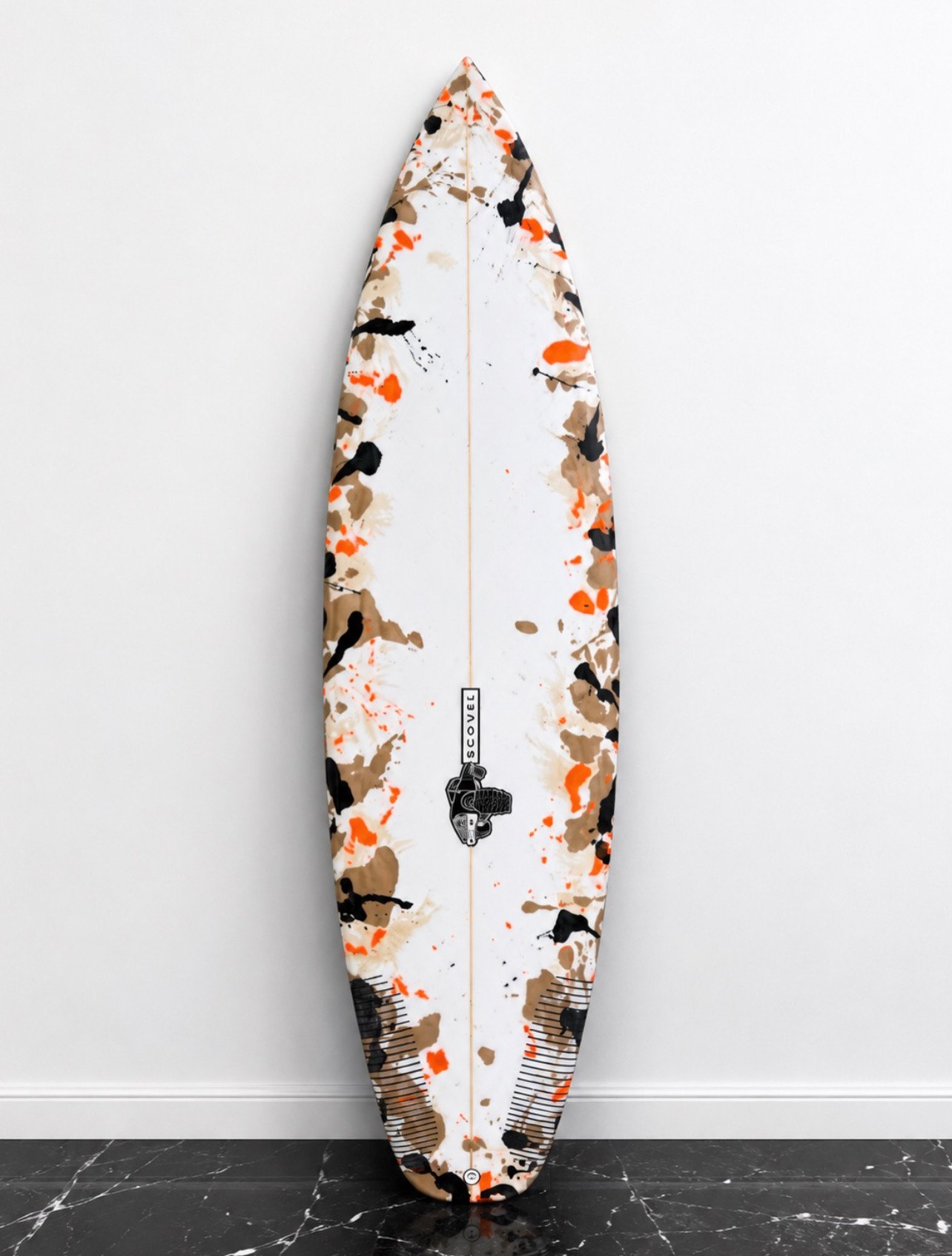 Camo Burst Scovel shortboard with orange, tan and black resin art